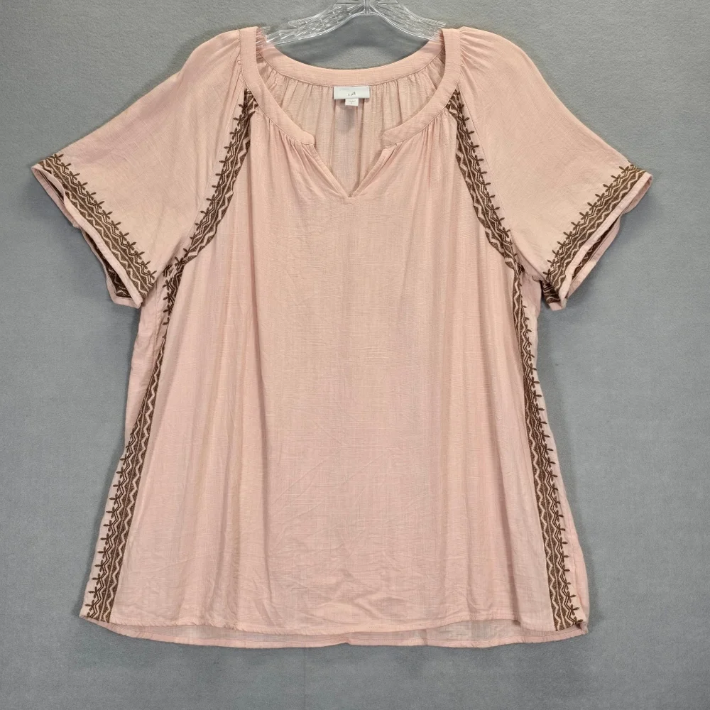 J Jill Womens Top Large Pink Peach Pretty Embroidered Office Boxy